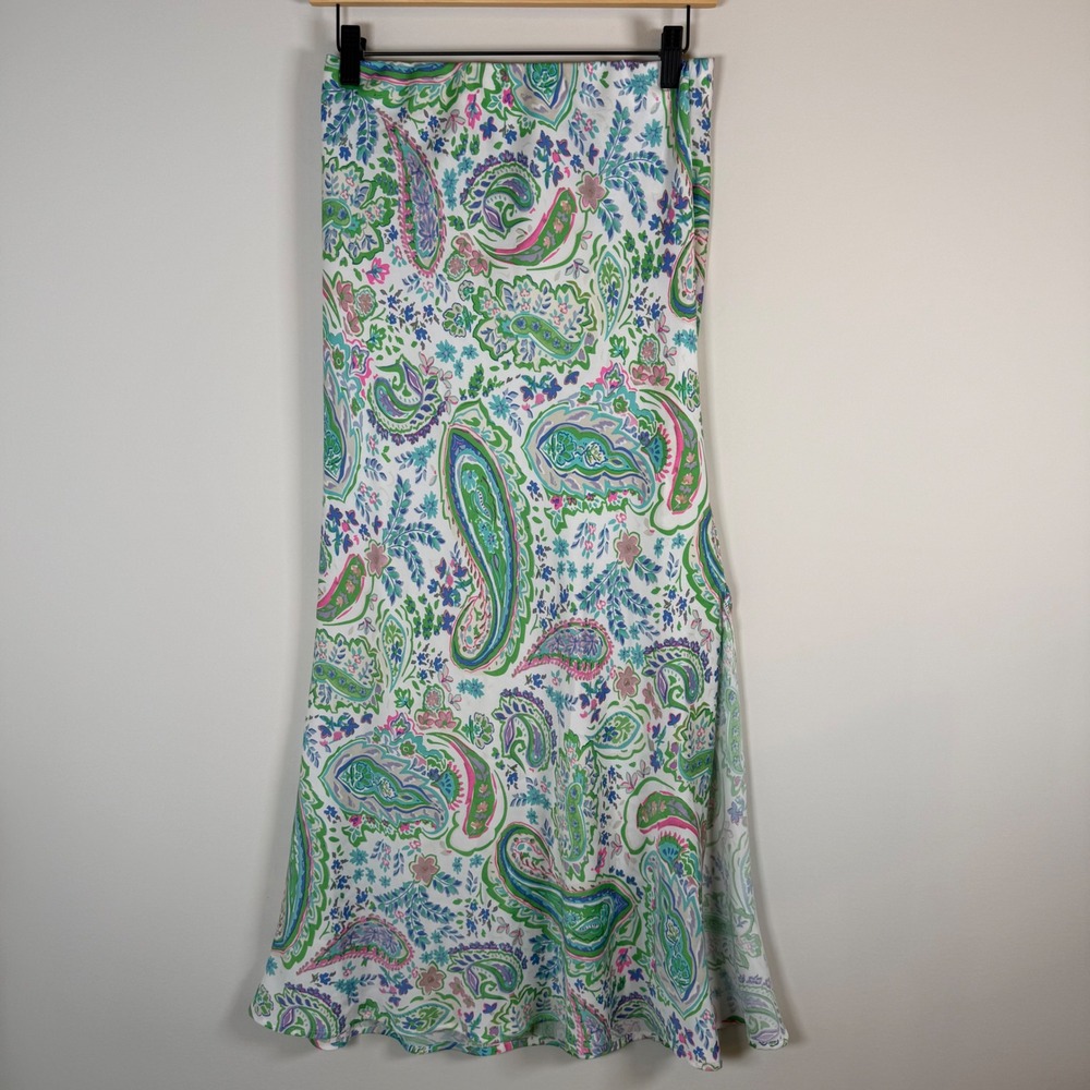 Easel Paisley Maxi Midi Slip Skirt Medium Green Pink Blue Floral Print Side Slit